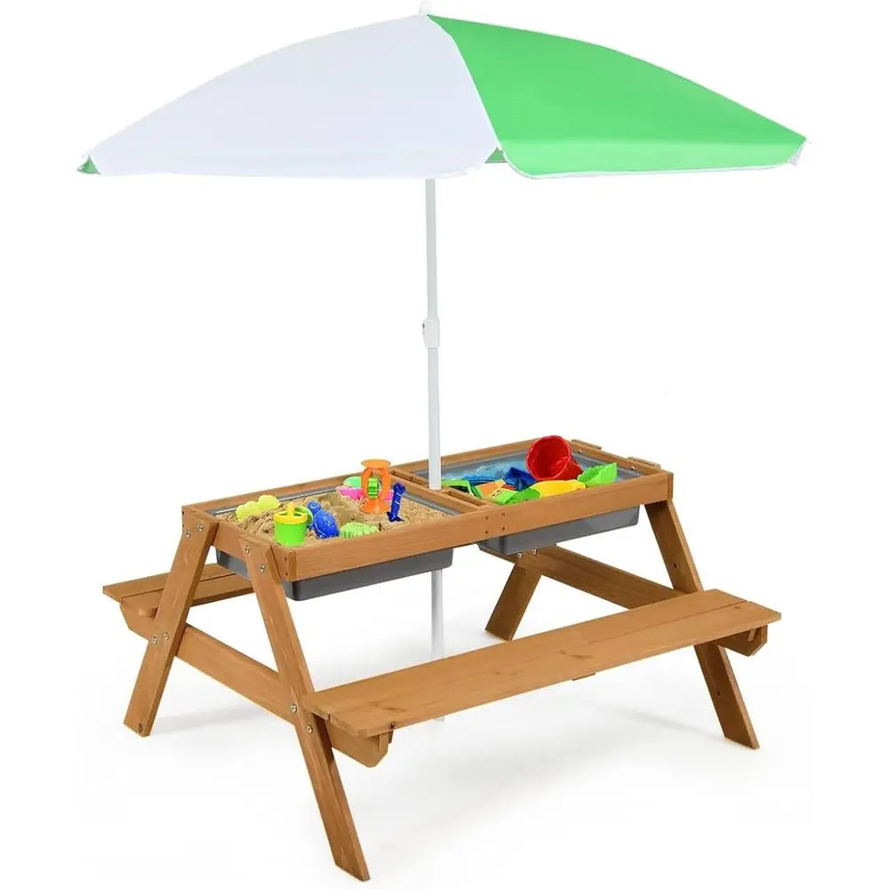 Kids Outdoor Umbrella For Table - 4-in-1 Wooden Sand & Water Picnic