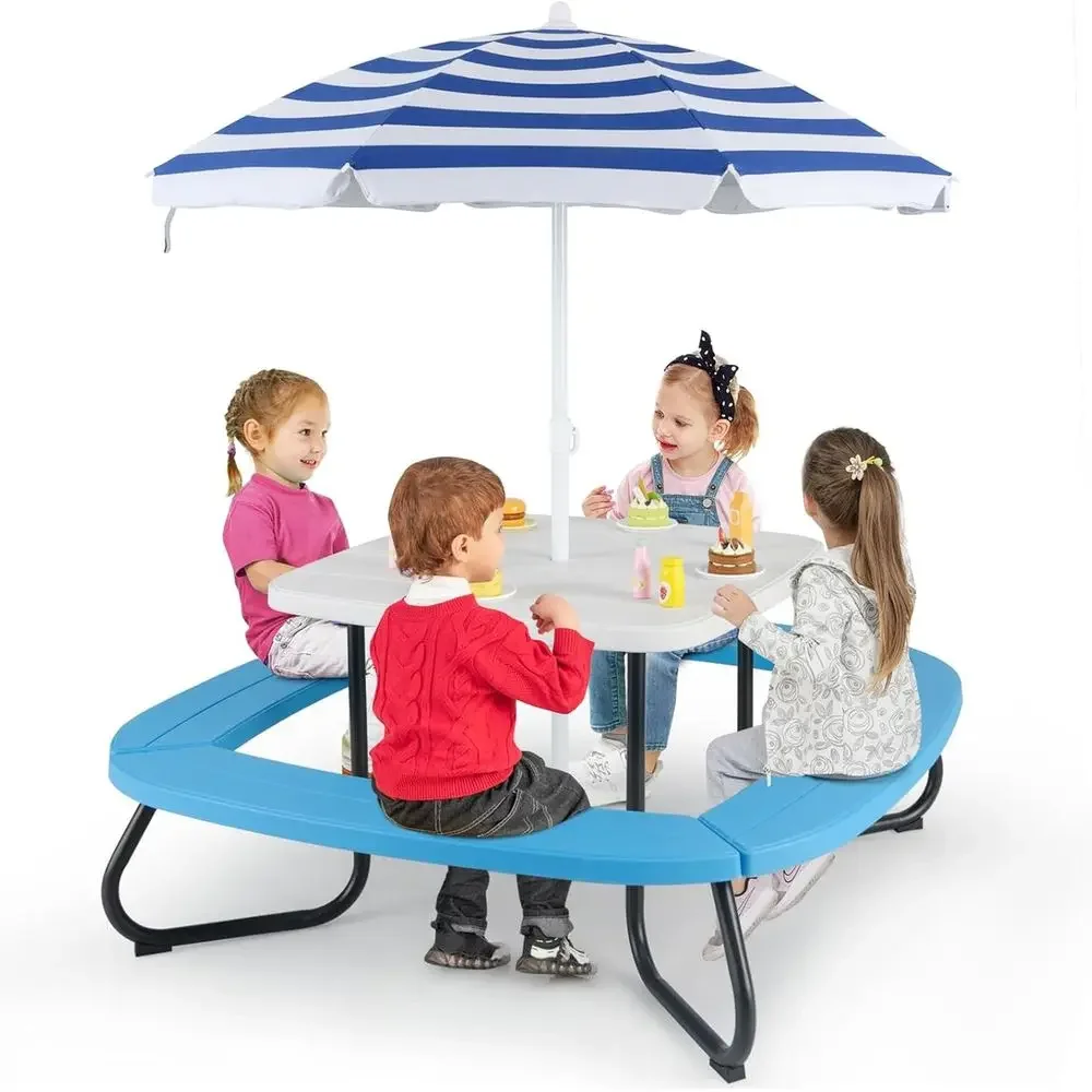 Kids Outdoor Umbrella For Table - 8-Person Kids Picnic Table with Umbrella,
