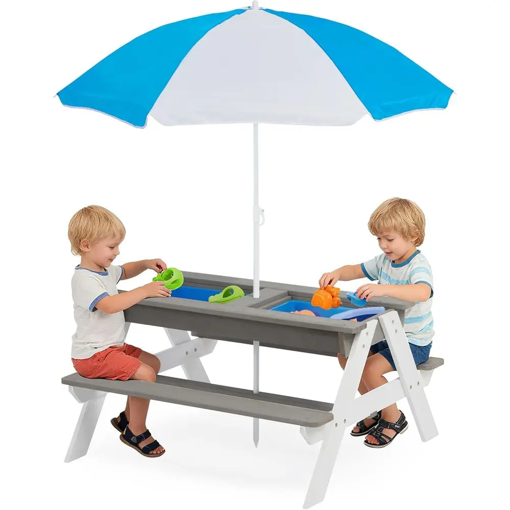 Kids Outdoor Umbrella For Table - Convertible 3-in-1 Wooden Picnic Table for