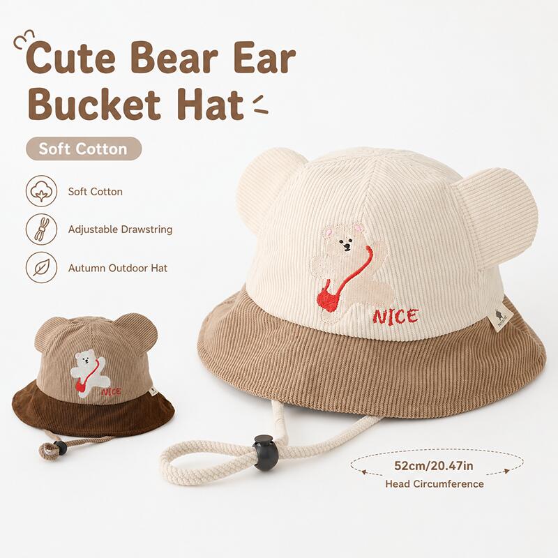 Kids Outdoor Hat - Kids Bear Ear Bucket Hat Soft