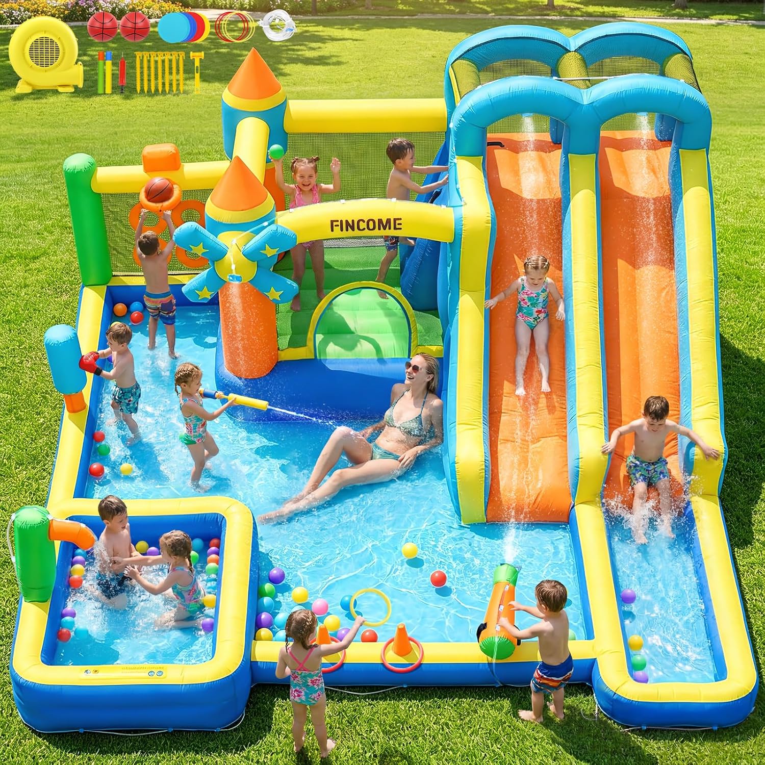 Kids Outdoor Inflatable - 10-in-1 Inflatable Bouncy Castle with Dual