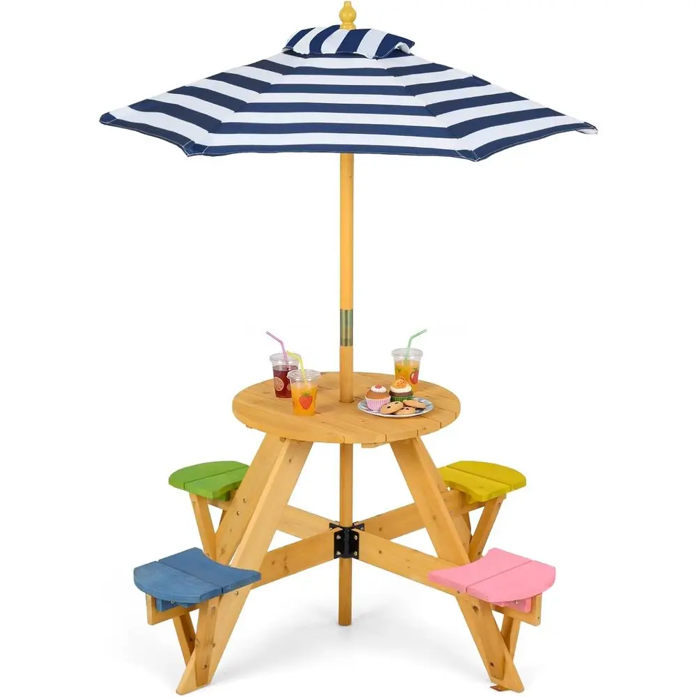 Kids Outdoor Umbrella For Table - 4-Person Wooden Toddler Picnic Table Set