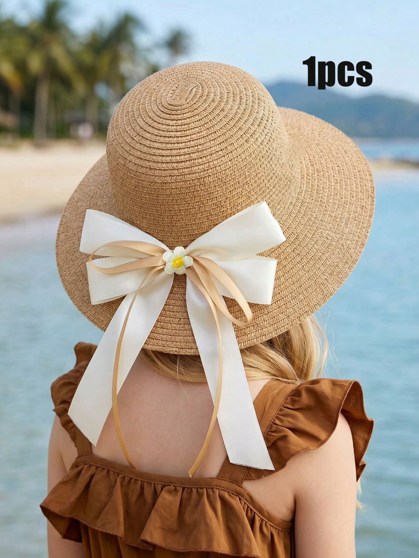 Kids Outdoor Hat - 1Pc 3-8Y Girls Coffee Bow Straw