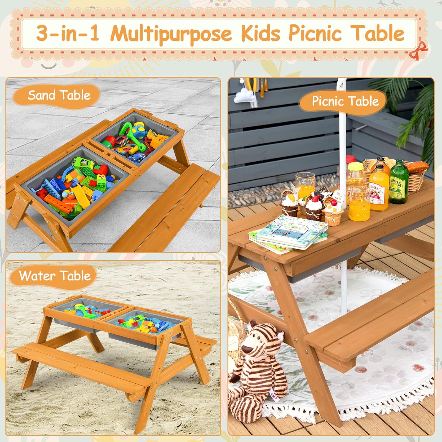 4in1 Cedar Kids Picnic Table w - Kids Outdoor Umbrella For Table ulasan dan harga