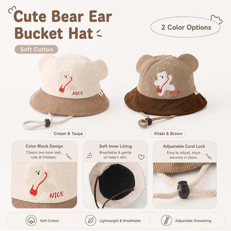 Kids Bear Ear Bucket Hat Soft  - Kids Outdoor Hat ulasan dan harga