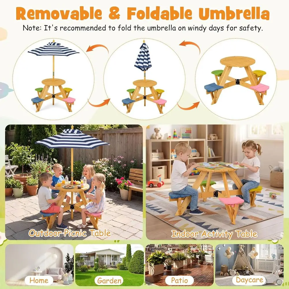 4-Person Wooden Toddler Picnic - Kids Outdoor Umbrella For Table ulasan dan harga